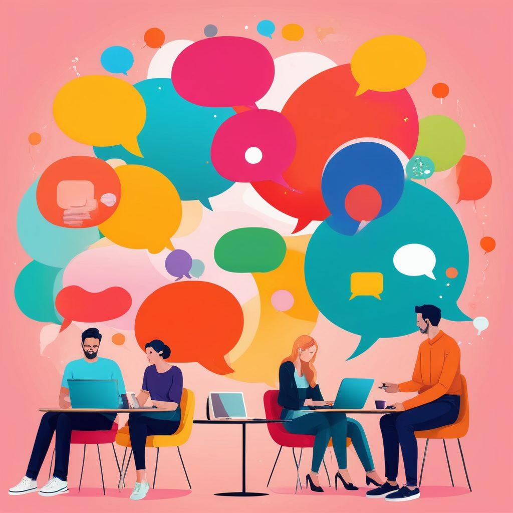 A vibrant collage showcasing diverse chat platforms, depicted as colorful, interactive chat bubbles featuring various adult characters engaged in thoughtful conversations. Incorporate elements of technology, such as mobile devices and laptops, blending with social environments like cafés and living rooms, symbolizing meaningful interactions. Use bright colors to evoke a sense of connection and diversity. A modern, playful design style. vector art. vibrant colors.