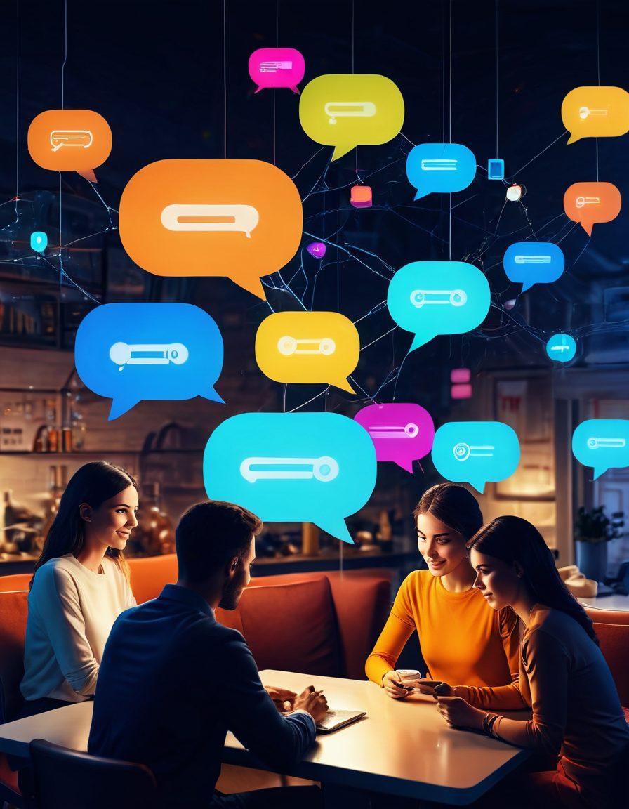 A modern, sleek digital interface featuring diverse individuals engaged in animated real-time chatting, each within their own discreet, private environments like cozy cafes or home offices. The background should have elements of technology, such as glowing chat bubbles and network lines, symbolizing connectivity and privacy. Bright, engaging colors to evoke a feeling of excitement and communication. super-realistic. vibrant colors. digital illustration.