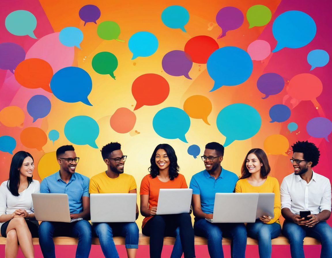 A dynamic scene of diverse adults engaged in lively online conversations, with colorful chat bubbles floating around them. The background features symbols of various interests and hobbies, representing diverse topics like travel, books, and technology. The individuals are shown on multiple devices like laptops and smartphones, creating a sense of interconnectedness. The atmosphere exudes warmth and openness, inviting viewers to join the conversation. vibrant colors. 3D. modern style.